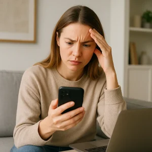 Concerned small business owner looking at her phone with a worried expression, sitting in a modern home office next to her laptop—symbolizing website frustration.