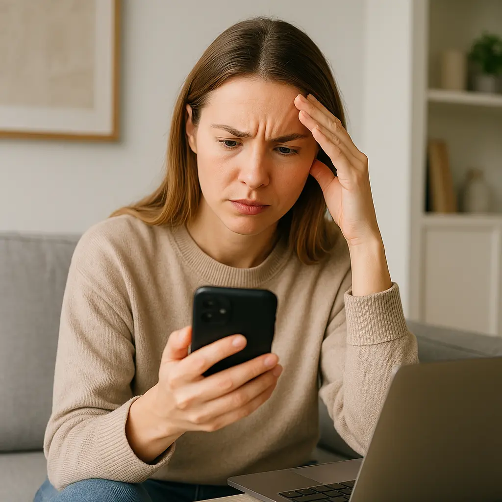 Concerned small business owner looking at her phone with a worried expression, sitting in a modern home office next to her laptop—symbolizing website frustration.